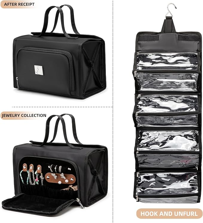 ROYALFAIR Roll Up Makeup Bag, Waterproof Toiletry Bag for Women, Hanging Travel Organizer bags with Jewelry Organizer Compartment, Extra Large 4 Clear TSA Approved Pouches Cosmetic Makeup (black)