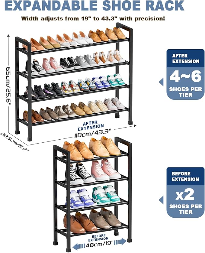 Mavivegue Expandable Shoe Rack, 4-Tier 19"-43.3" Adjustable Shoe Rack for Closet,Hall Entryway,Front Door,Garage, Sturdy Steel Space-Saving Rack, Black