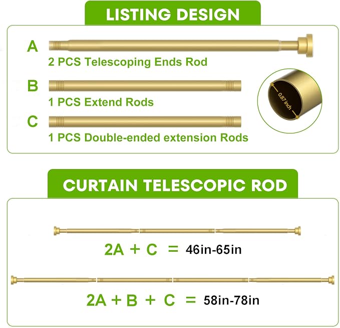 2 Pack Tension Curtain Rod 46-76Inch Curtain Rods for Windows Gold Spring Curtain Rod no Drilling Adjustable Expandable Tension Rods for Windows,Doorway,Closet,Bedroom