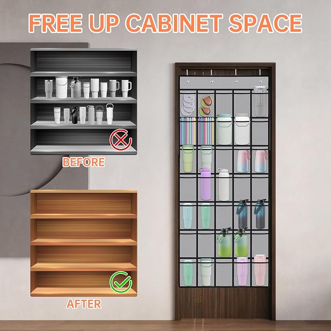 NiHome 35 Pockets Door Hanging Cup Organizer Fit for Stanley Tumblers, Gray | Large Capacity Over the Door Water Bottle Organizer in Kitchen, Pantry, Classroom, Elastic Mesh Secure Storage Cup Holder