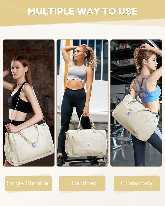 Gym Bag for Women Men Duffle Bags for Travel with Shoe Compartment Shoulder Weekender Overnight Carry on Tote Bags for Airplane Beach Bag Workout Yoga Sport Swimming Cream White
