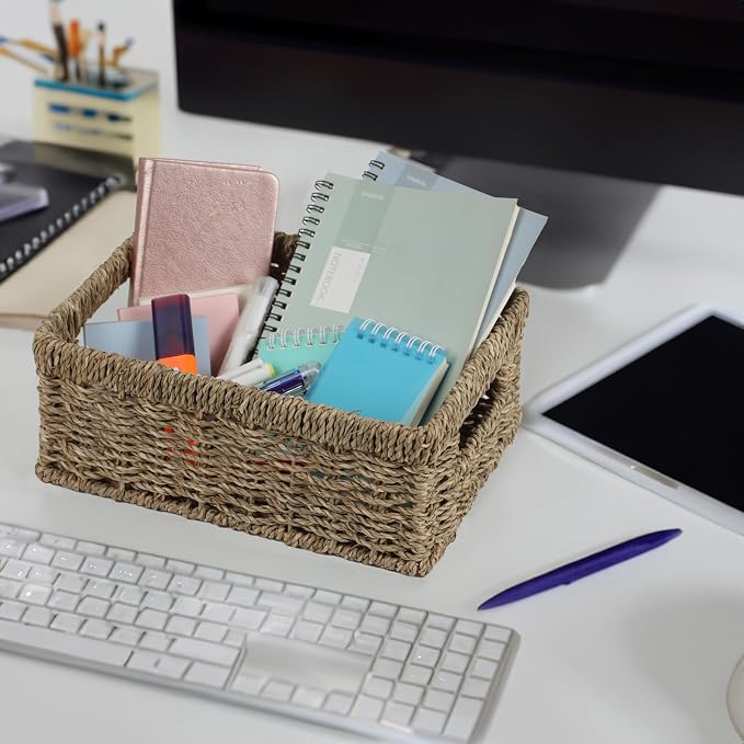 Wicker Baskets, Baskets for Organizing, Rattan Woven Basket for Storage, Organizer Bins with Built-in Handles, Storage Basket for Shelves (Seagrass, Small)