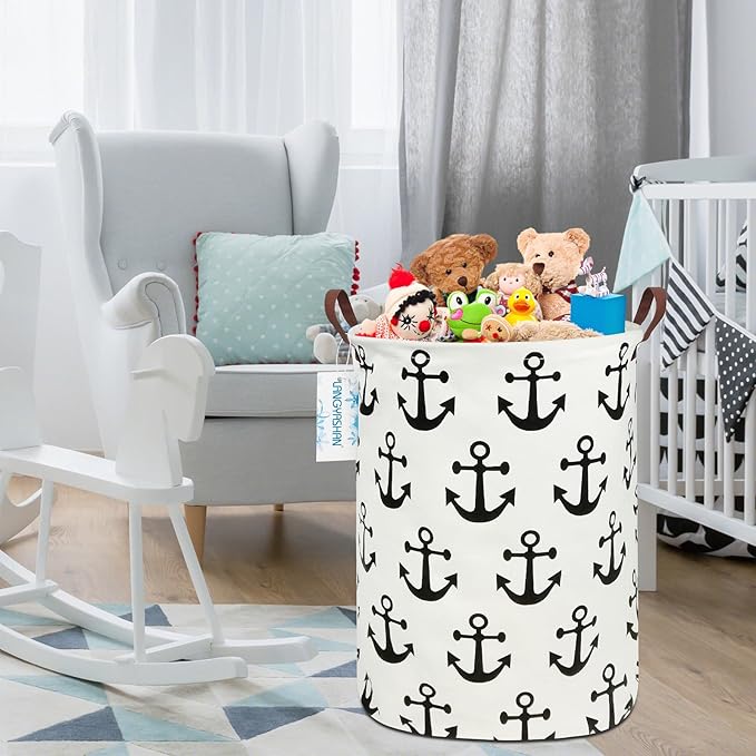 LANGYASHAN Laundry Basket Canvas Fabric Collapsible Organizer Basket for Storage Bin Toy Bins Gift Baskets Bedroom Clothes Children Nursery Hamper (anchor)