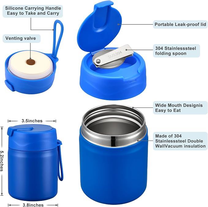 Howeemo 17oz Soup Thermo for Hot Food Kids,Insulated Food Jar with Spoon,Thermo Hot Food Lunch Container,Wide Mouth Leakproof Stainless Steel Lunch Box for School(Blue)