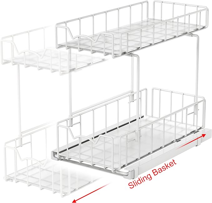 Simple Houseware 2-Tier Spice Rack Slide Out Wire Basket Drawer, White | 2-Tier Spice Rack Slide Out Wire Basket Drawer Organizer