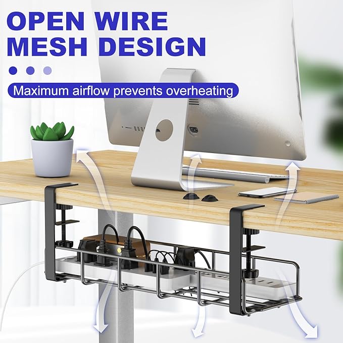 15.7” Under Desk Cable Management Tray, No Drill Steel Cable Tray Organizers, Wire Management Tray Cable Rack with Clamp Mount, Metal Under Desk Tray with Wire and Cord Organizer (Black, 1 Pack)