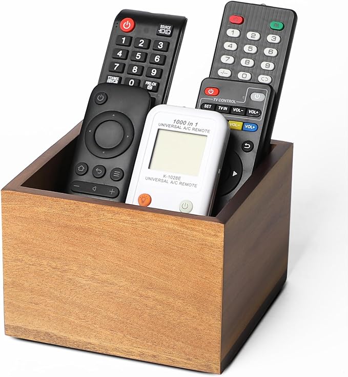 LBEMEY Remote Control Holder Caddy,Farmhouse Acacia Wood TV Remote Holder, Vintage Desk Caddy, Remote Organizer for Table (Brown for 3+ Remote Controls)