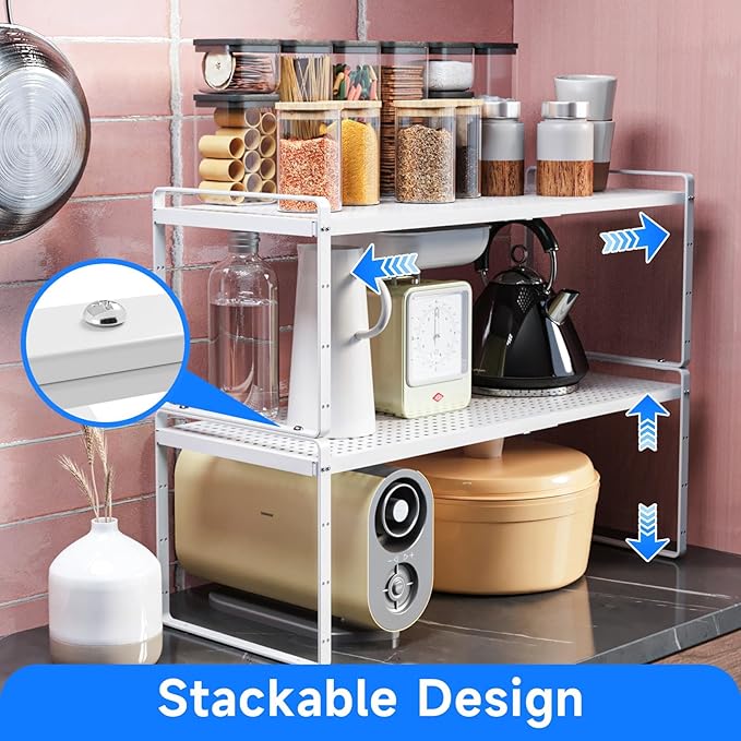 Expandable Cabinet Shelf Organizers, Kitchen Small Stand Rack Organization for Countertop Cupborad Pantry Desktop Spice Rack, White 2 Pack
