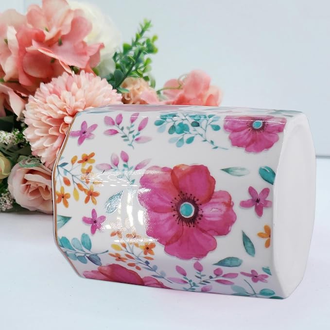 Pen Holder, Makeup Brush Holder Ceramic Shiny Gold Spring Floral Pattern Pencil Cup for Girls Kids Women Durable Stand Desk Organizer Storage Gift for Office, Classroom, Home (Purple Red)