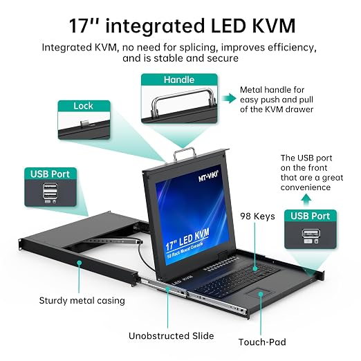 MT-VIKI Rack KVM Switch w/17'' LCD Monitor, 16 Port VGA KVM Switch with Keyboard Touchpad Monitor, Fit for 1U 19'' Rack, OSD/Hotkey/Button 【with 16 VGA KVM Cable】