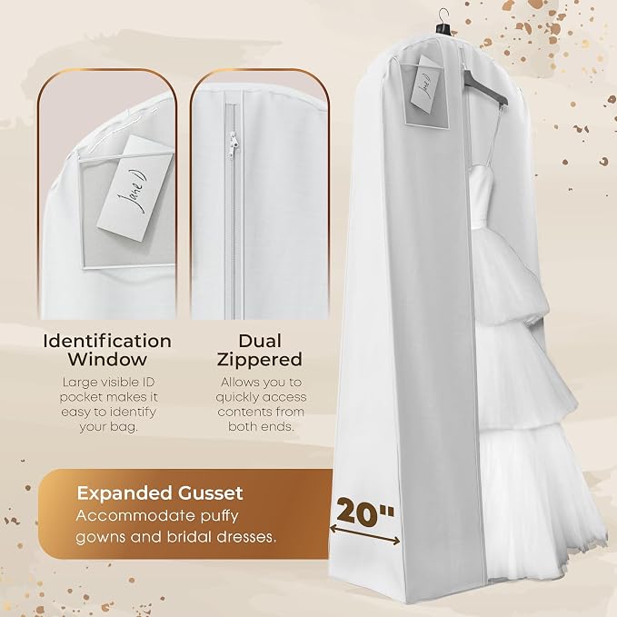 Your Bags Wedding Dress Garment Bag - Garment Bags for Travel & Hanging Clothes or Storage Preservation - 72" Wedding Dress Bag for Gowns Long with 20" Gusset for Puffy Bridal Gowns Cover - White