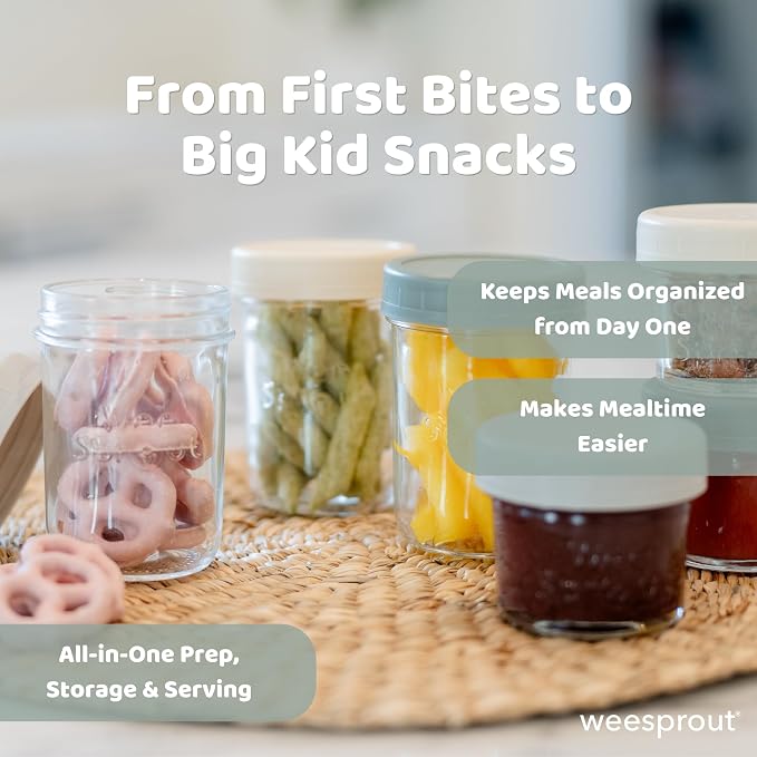 WeeSprout Baby Food Storage Glass Jars w/Lids (4 oz, 12 Pack) Pastel Variety, Snack, Reusable Small Containers, Fridge or Freezer, Microwave & Dishwasher Safe, Essentials for Infants