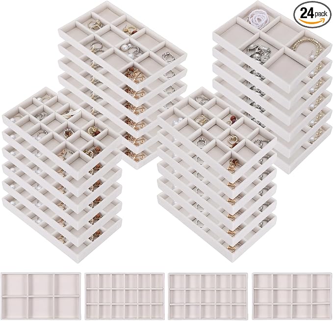 24 Pack Stackable Jewelry Organizer Trays, 4 Size Velvet Tray for Drawer | beige flocked lining, protects rings necklaces, grid compartments, different sizes, fits countertop display, gift