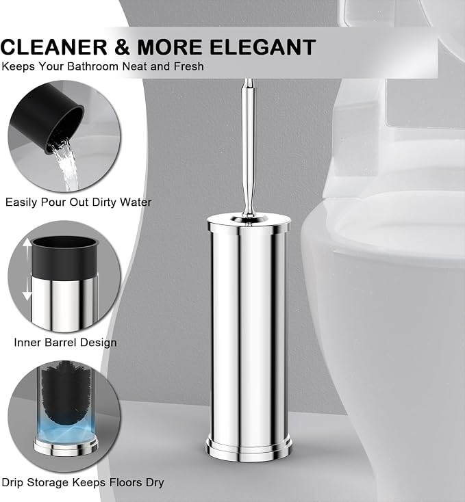 Stainless Steel Toilet Brush and Holder Set : Weighted Stable Base, Removable Inner Tube.Long Handle Toilet Bowl Brush Splash-Proof Design for Deep Cleaning & Space-Saving Storage,Chrome