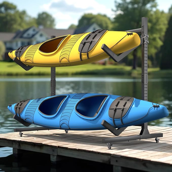 Freestanding Adjustable Kayak Storage Rack, 1 Side 2 Layers Kayak Bracket, Durable Kayak Rack with Lockable Wheels for Indoor, Outdoor, Garage, Shed, Dock