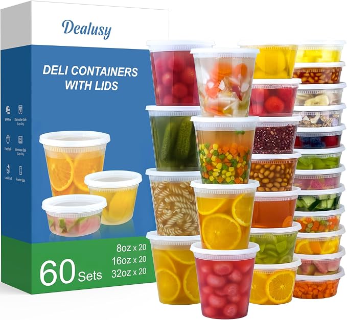 Dealusy 60 Set Deli Containers with Lids, 32/16/8 oz X 20 Set Each Leak-Proof BPA Free Plastic Take Out Bowls, Food Storage Containers for Meal Prep Storage, Freezer, Microwave & Dishwasher Safe