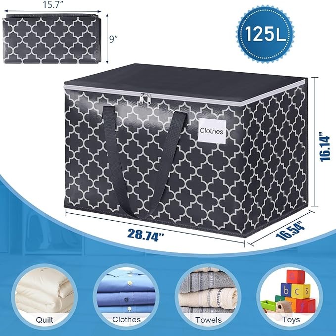 Extra Large Moving Bags, Heavy-Duty Storage Totes with Zipper Top and Sturdy Handles, Moving Supplies for Space Saving and Packing, Collapsible Storage Bags, Black & Gray, 125L, 2-Pack