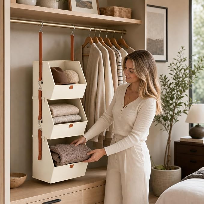 Hanging Closet Organizer 3 Tier - Hanging Shelves for Closet, Fabric Closet Organizers and Storage, Space-Saving Clothes Organizer System, Collapsible Bins for Home, Bedroom, Dorm, RV (6 Pack)
