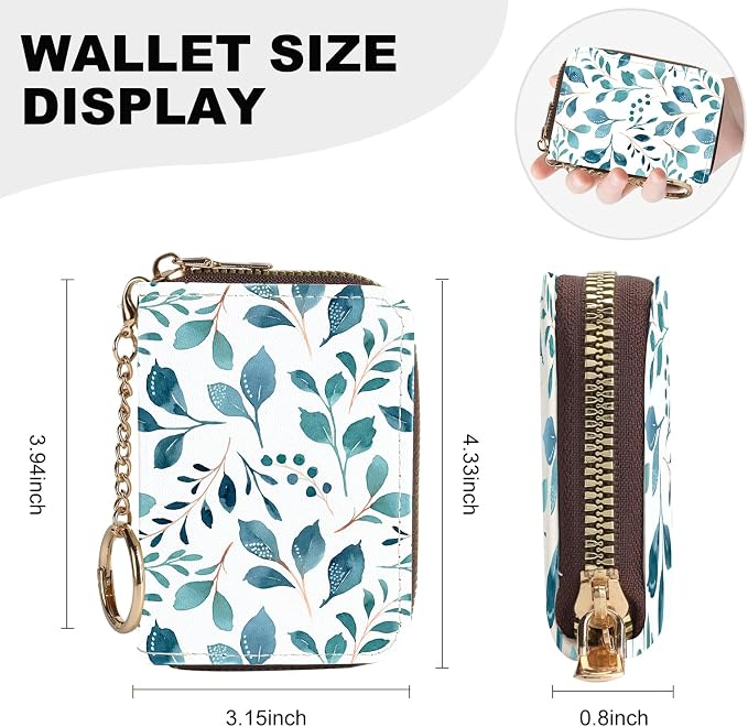 Credit Card Holder for Women,Small Rfid Wallet with Keychain Zipper,Cute PU Leather Card Case Wallet，Accordion Credit Card Wallets Gift,Green leaves