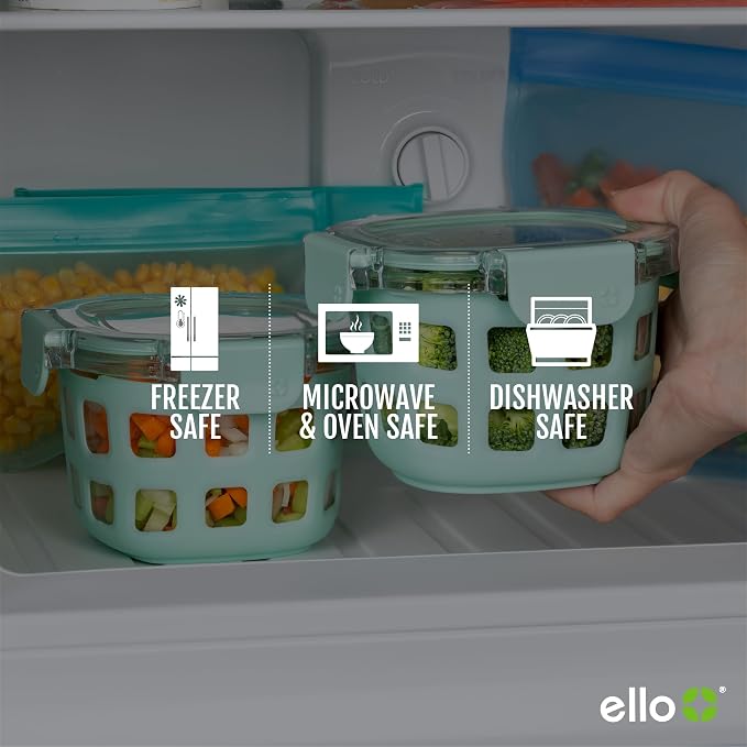 Ello Duraglass 2 Cup Glass Storage Containers with Lids, 2 Pack, Yucca | Glass meal prep set with silicone sleeves, leakproof BPA-free lids, microwave and oven safe, freezer and dishwasher safe