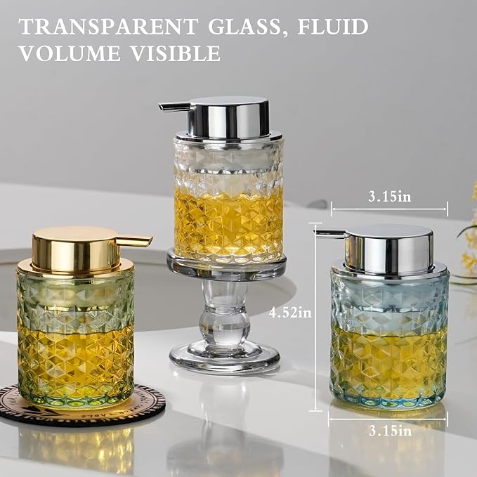 CICUFY Hand Soap Dispenser Glass, Refillable Liquid Dispenser for Bathroom & Kitchen,Lotion Dispenser with Large Gold Pump（Diamond Pattern-Green）