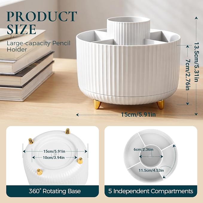 KONVINIT Pencil Pen Holder for Desk, 5 Slots 360-Degree Rotating Desktop Organizer, Cute Desk Organizers and Accessories for School, Home, Office and Art Supply, White