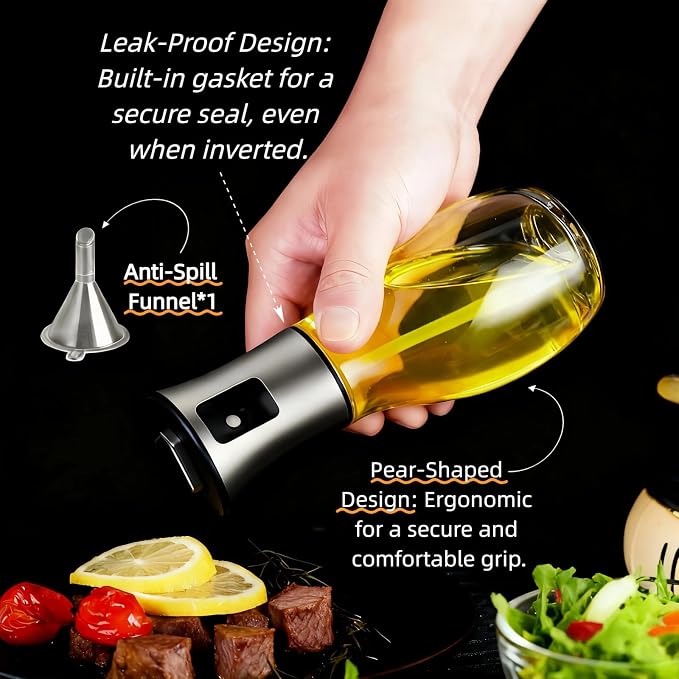 Olive Oil Fine Mist Spray Bottle - 6.7oz/200ml Cooking Sprayer for Air Fryer, Salad, Grilling & Frying - Kitchen Essential Tool（304 Stainless Steel）（with 3D stickers）