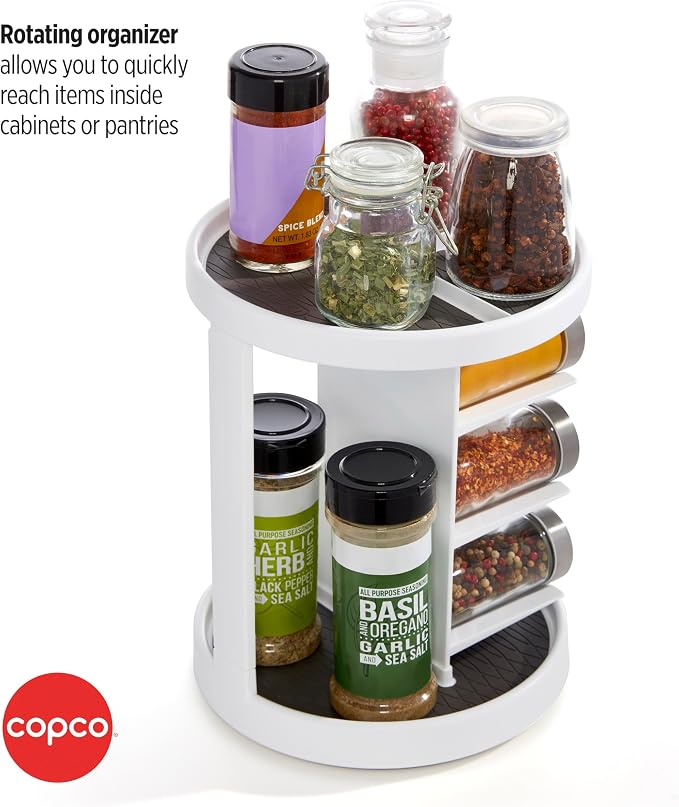Copco 2-Tier Lazy Susan Turntable Organizer for Cabinet, Pantry, and Counter - Rotating Vitamin, Supplement, and Spice Storage with Nonslip Liner and Six Cradles
