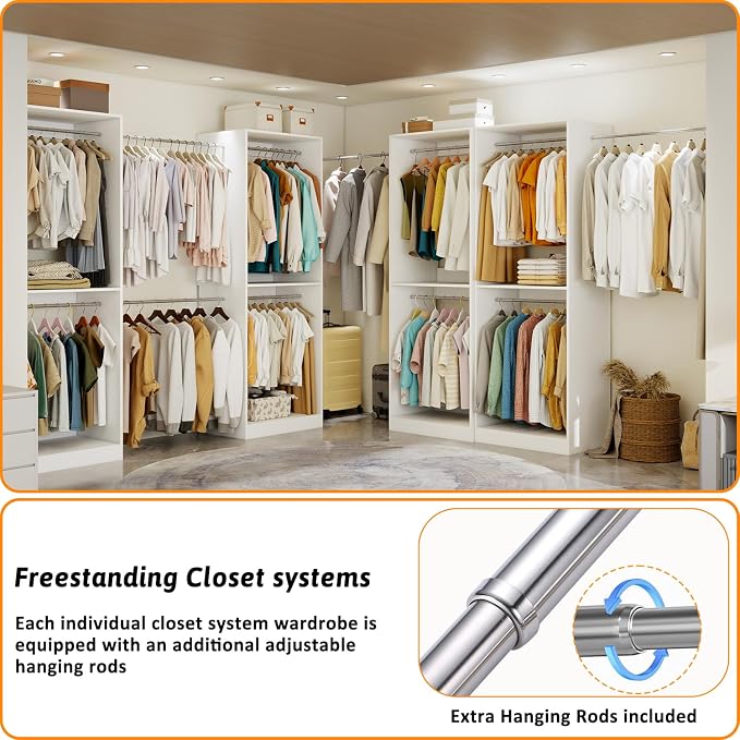 Closet System with 3 Hanging Rods& Shelf , 2FT Small Closet Organizer System Wood with Extra Side Hanging Rod for Walk in Closet Storage, Modular Closet Systems, White(2FT)