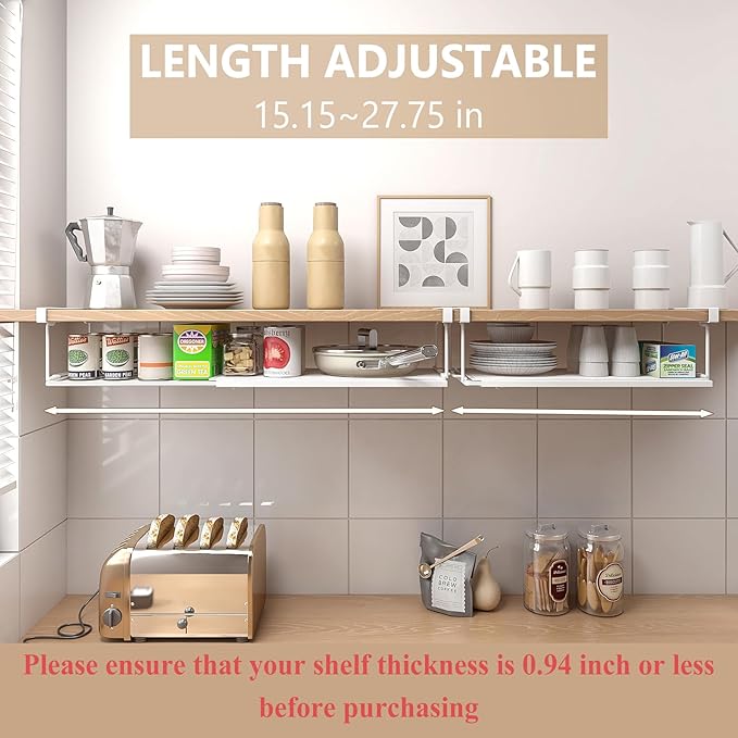Expandable Under Cabinet Shelf, Extendable Under Shelf Storage with 0.94 Inches Thick Clips for Shoe Rack, Pantry Cabinet, Laundry Room. (White, 2 Pack, Interior: 6" H x 8.26" D)