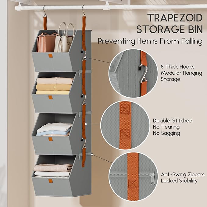 Homsorout Hanging Closet Organizer 4 Tier - Clothes Hanging Shelves, Space-Saving Closet System, Fabric Storage Bins Bedroom Organization, Collapsible Baskets for Home, Dorm, Rv, Grey