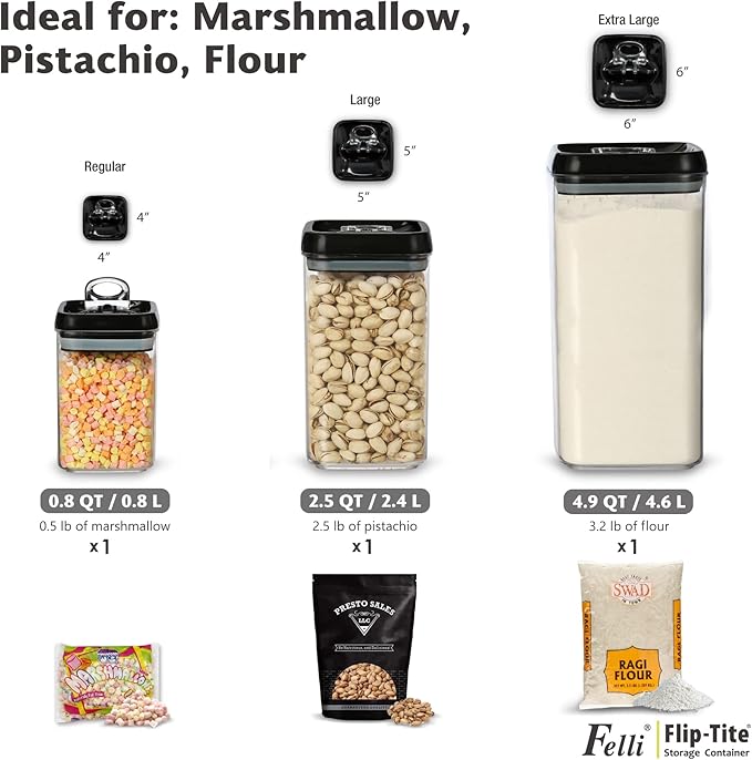 Felli Flip Tite Storage Container with Lid 6" XL Air Tight Ring Lock Top, Clear Acrylic Canister Set for Kitchen, Pet Cat Dog Food Treats (Nest-L, Black) NLQUA4-050(870191)