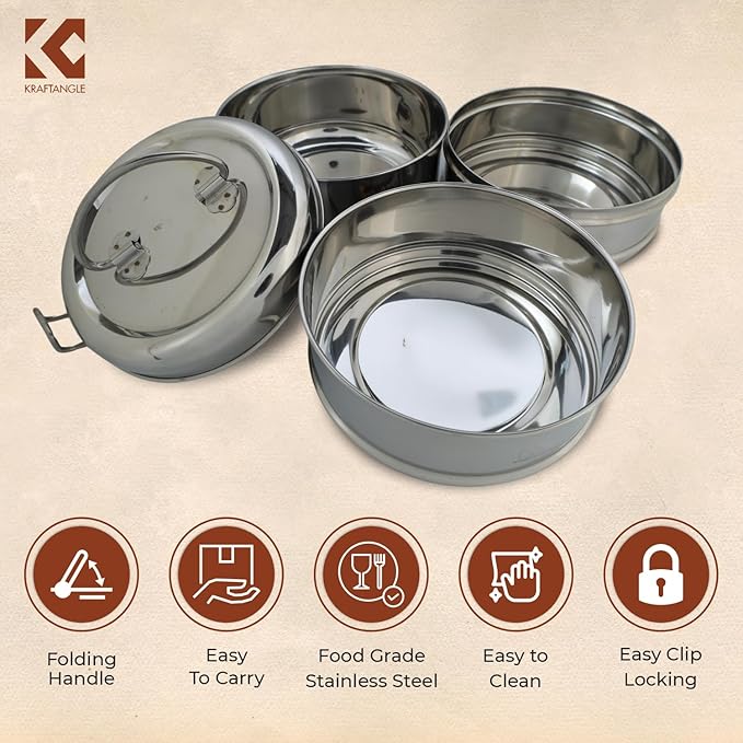 Indian-Tiffin Stainless Steel 3 Tier Large Lunch Box Snack Box/Food Container Airtight Leak Proof 3 Compartment Suitable for Office Use, Outdoor Lunches/Dining