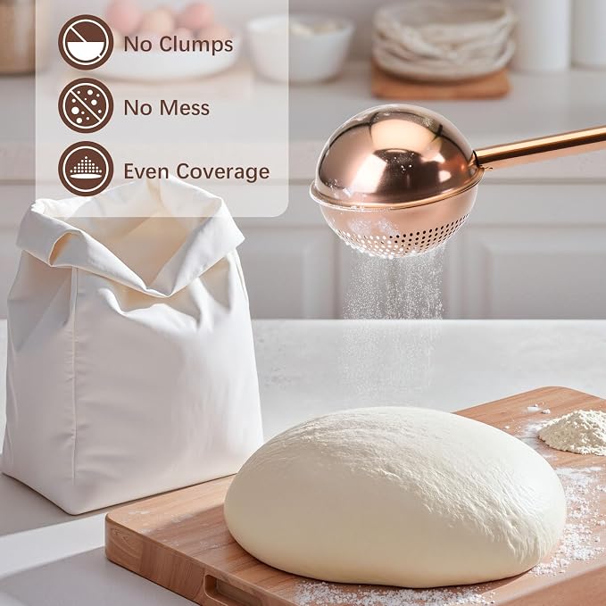 HULISEN Flour Duster, 304 Stainless Steel Flour Sifter for Baking, Brown | Spring-Press Handle, Dishwasher Safe, For Flour, Powdered Sugar, Fine Spices, Pick Up and Dust Flour Sifter, Gift Package