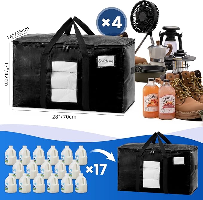 TAILI Extra Large Moving Bags, 4 Pack Black Heavy Duty Totes For Storage with Visible Window, Wrap Around Handles, Storage Bags for Space Saving, Alternative to Moving Boxes