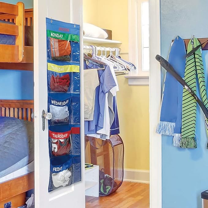 Lillian Vernon Primary Colors Days Of The Week Hanging Clothing Organizer–Personalize With Name, Weekly Monday-Friday Over Door Weekday Kids Clothes Storage System, Sturdy Primary Poly, 19-1/2" x 62"