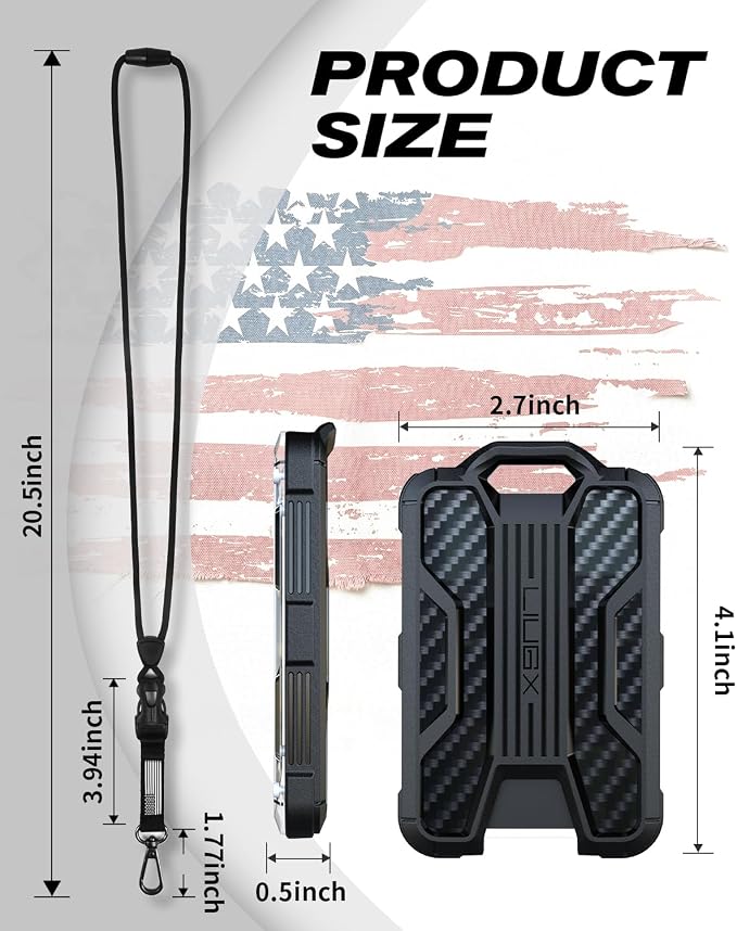 LIUGX Badge Holder with Breakaway Lanyard, Carbon Fiber-Texture, 6 Cards | American Flag, Quick Release Detachable Buckle, Metal Clip, Heavy Duty ID Card Holder, for Work, Office, Easy to Use, Black