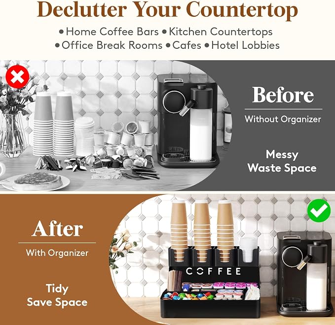 Lifewit 2-tier Coffee Station Organizer Caddy for Countertop, 11 Compartments Coffee Bar Organizers for Cups, Pods, Sugar, Compact Condiment Holders Storage for Office Breakroom Kitchen Home Black