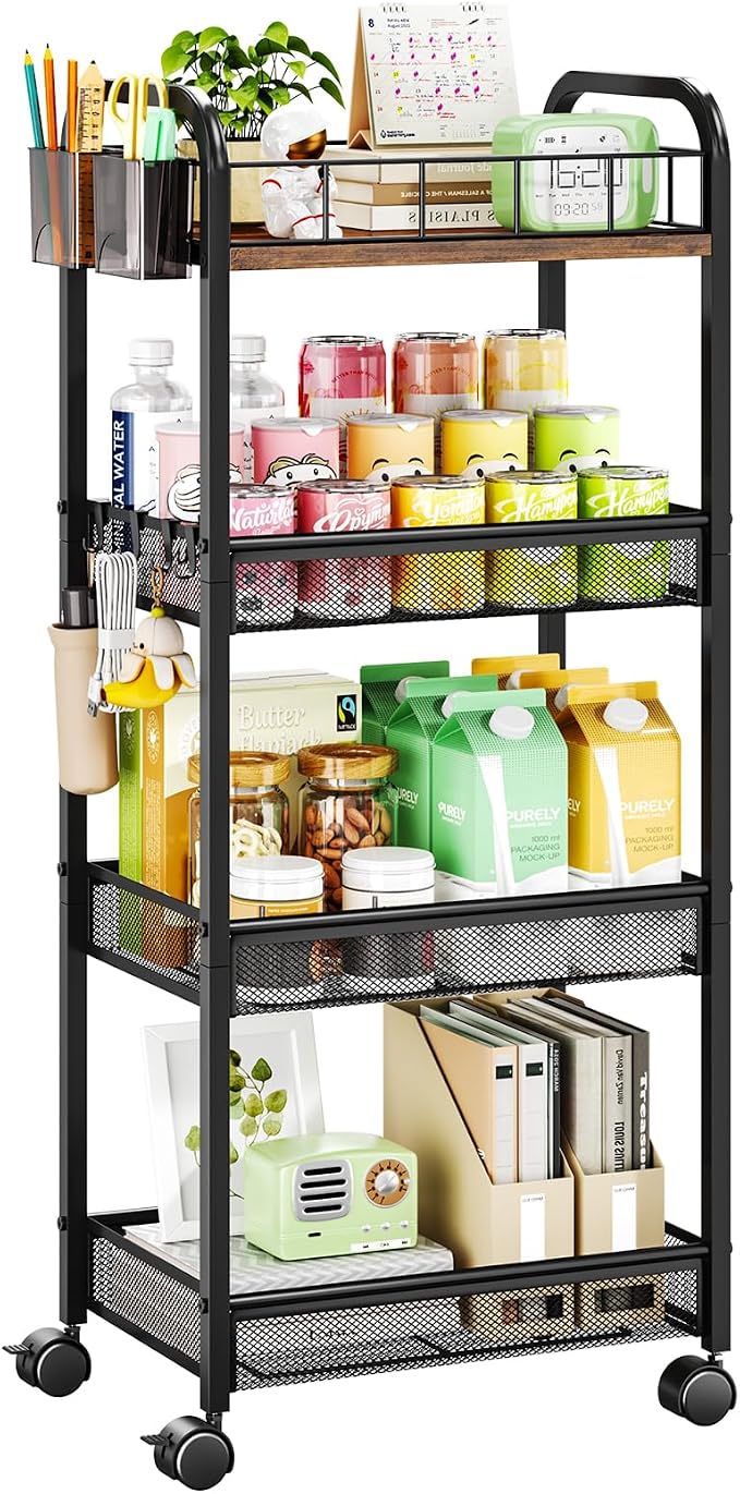 HapiRm 4 Tier Rolling Cart - Metal Utility Cart with Locking Wheels | Rolling Storage Cart Organizer with 2 Hanging Cup, 4 Hooks, Mesh Basket, Space-saver for Kitchen, Craft Art, Office, Bathroom