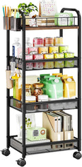 HapiRm 4 Tier Rolling Cart - Metal Utility Cart with Locking Wheels | Rolling Storage Cart Organizer with 2 Hanging Cup, 4 Hooks, Mesh Basket, Space-saver for Kitchen, Craft Art, Office, Bathroom