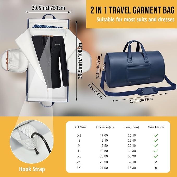 Convertible Garment Bag, Carry on Garment Duffel Bag with Shoulder Strap, Men's Women's Travel Clothing Bag with Shoe Compartment, 2-in-1 Hanging Suitcase Suit Business Travel Bag (Blue)