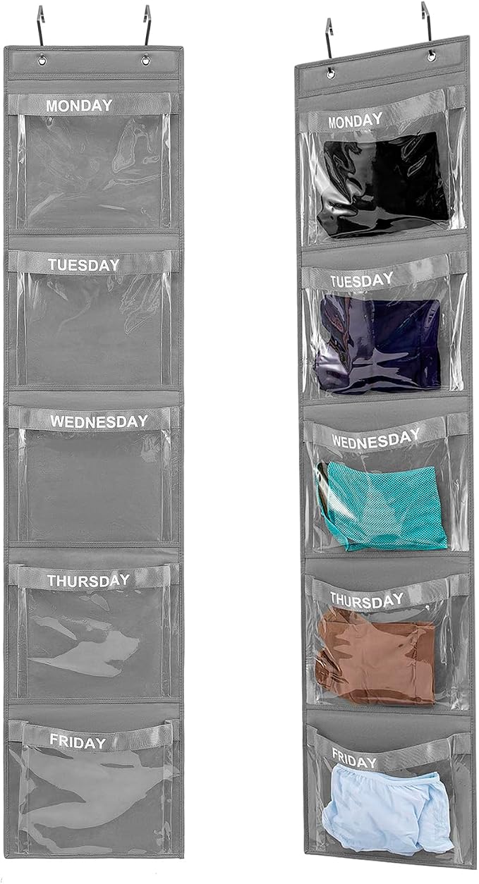 2 Pcs Day of Week Clothing Organizer Monday to Friday School Clothes Organizer for Kids Weekly Hanging Closet Organizer (GREY)