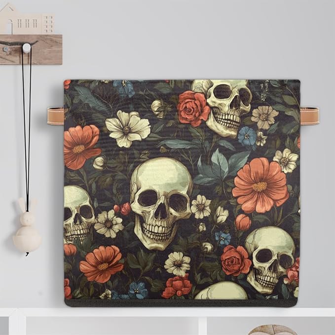 TropicalLife Floral Skull Storage Cube, 13 Inch Fabric Cube Storage Organizer Bin for Shelves Clothes, Decorative Foldable Storage Boxes