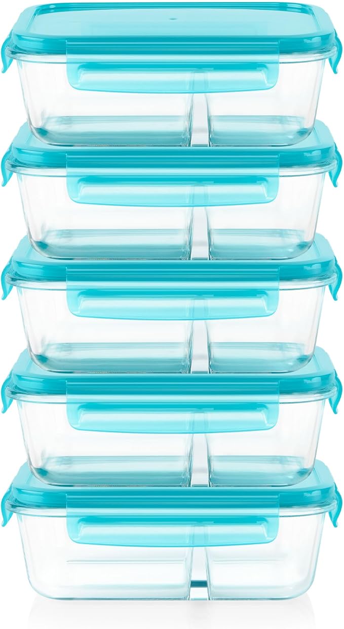 Pyrex Glass Meal Box (5-Pack, 4 Cup) Divided Compartments, Locking Lids | For meal prepping and portioning, BPA-Free, microwave & dishwasher safe