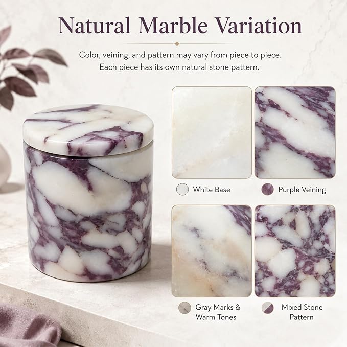 Natural Marble Round Jar with Lid, 4.13 in | A round marble jar that keeps cotton swabs, pads, and hair ties neatly stored with a natural stone accent.