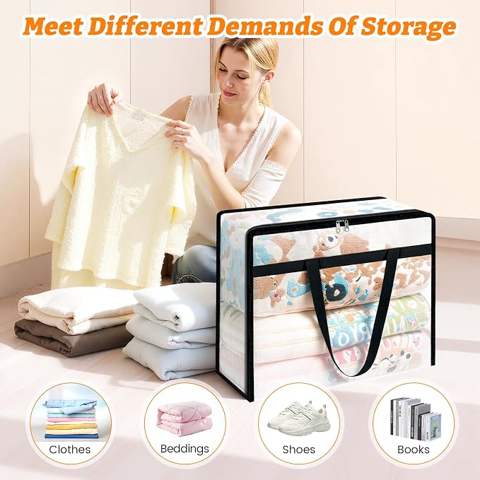BlissTotes Moving Bags 40L 4PCS, Clear Clothes Storage Under Bed Storage | Foldable Clothes Storage Bags with Sturdy Zippers & Handles for Comforter, Bedding, Books, Sheet, Transparent Containers