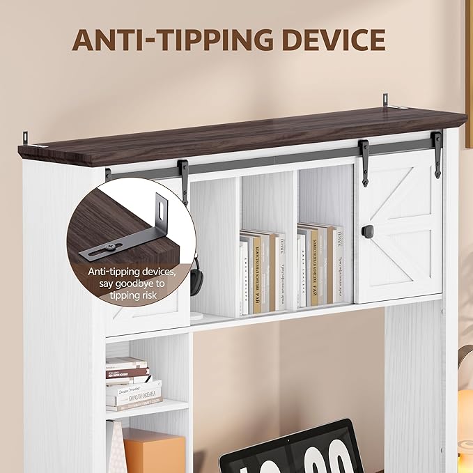 Large Desktop Bookshelf with Sliding Barn Door, 47.2''W Desk Shelf Display Rack, Desktop Organizer Storage Rack with 7 Cubbies and Drawer, Home, Desk Shelf for Office, Dorm, Vanity, White