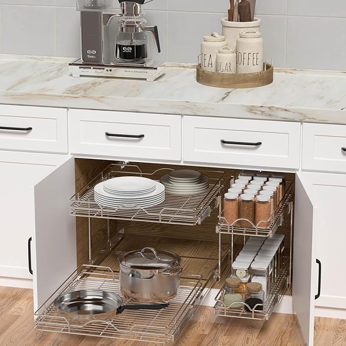 OCG 2 Tier Pull Out Cabinet Organizer (12.5" W x 18" D), Pull Out Drawers for Kitchen Cabinets, Pull Out Shelves for Base Cabinet Organization in Kitchen Bathroom Pantry, Chrome Finish