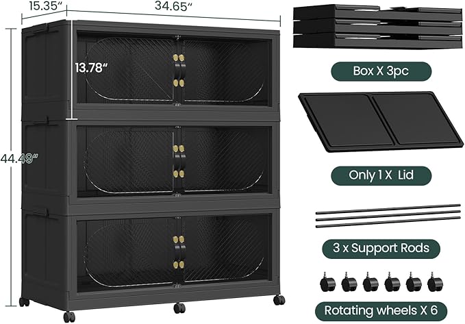 180GAL Plastic Storage Bins with Lid, 720QT Extra Large Stackable Closet Organizers and Storage, Collapsible Storage Boxes with Wheels, Folding Cabinet for Home Kitchen Office, 3Pack Black