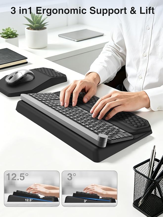 Ergonomic Wrist Rest with Keyboard Stand and Mouse Pad for Easy Typing | Keyboard Holder with Storage Slot, Mousepad for Carpal Tunnel Pain Relief with Massage Bulge and Slow Rebound Memory Foam
